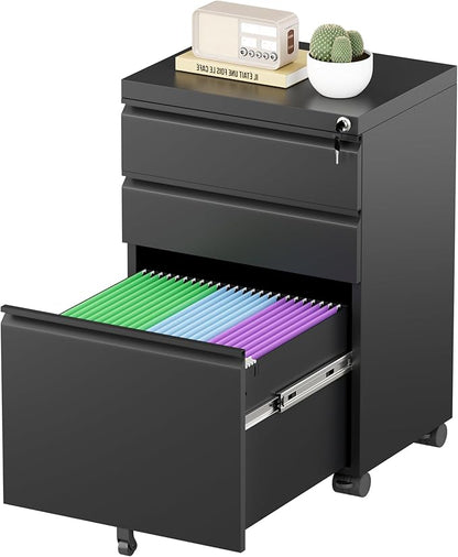 Bonusall Fully Assembled 3-Drawer Metal File Cabinet with Lock - Mobile Under Desk Filing Cabinet for Legal/Letter/A4 Size, Anti-Tilt Mechanism, Pre-Installed Office Storage, Black