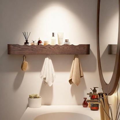 Wall Coat Rack Floating Shelves Modern Coat Rack Wall Mount with Storage Entryway Shelf Wooden Hanger 20 Inch 4 Hidden Metal Hooks for Living Room Bedroom (Wavy Walnut Color, 8 Hooks)