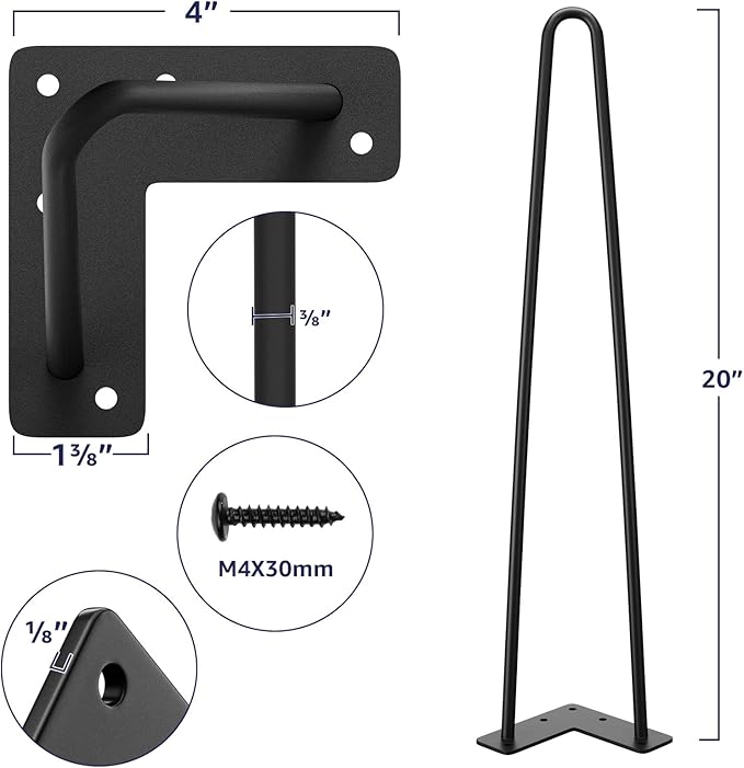 SMARTSTANDARD 20 Inch Heavy Duty Hairpin Furniture Legs, Metal Home DIY Projects for Nightstand, Coffee Table, Desk, etc with Rubber Floor Protectors Black 4PCS