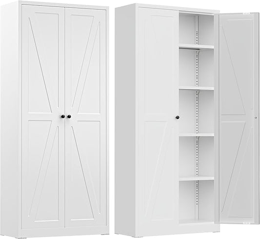 INTERGREAT Metal Storage Cabinet with Magnetic Doors, 63" H Modern Classic Style Metal Cabinets with 2 Doors and 4 Adjustable Shelves for Home Office, Kitchen, Bathroom (White)