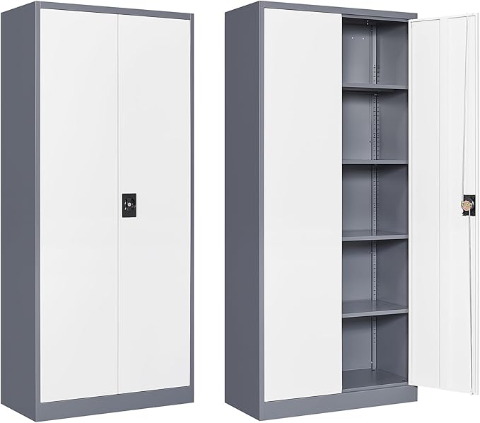 Metal Storage Cabinet with 2 Doors and 4 Adjustable Shelves, 71" Steel Garage Storage Cabinet, Locking Tool Cabinets for Office, Home,School,Kitchen,Garage Tool Utility Cabinet