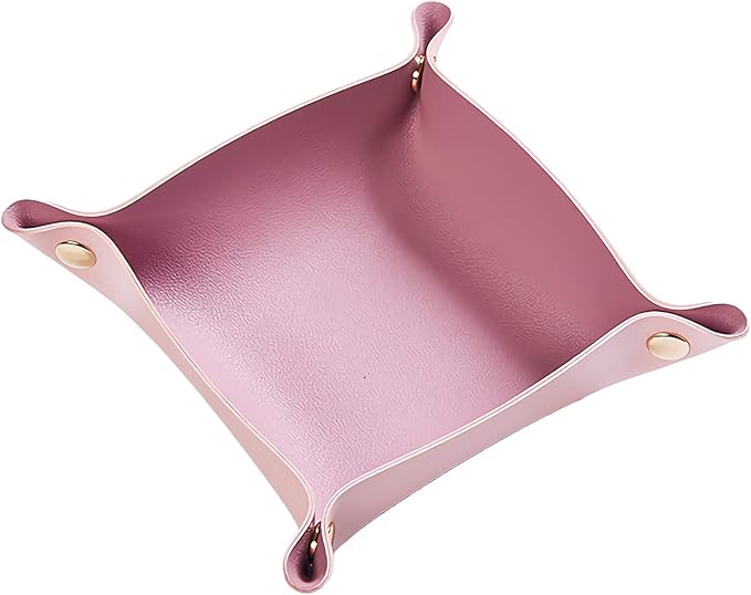 Leather Valet Tray, Catchall Tray Desktop Storage Organizer, Decorative Contrast Color Coin Box, EDC Dump Tray for candy Key Phone Jewelry Wallet Glasses Headphone Watch (pink +violet)