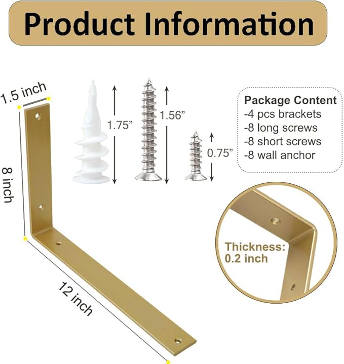 Shelf Brackets 12 Inch Wall L Brackets 4PCS Heavy Duty for Shelves Metal Gold Rustic Industrial Brackets for DIY Opening Shelves Project Hardware Included