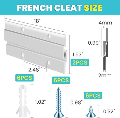 French Cleat, Picture and Mirror Hanger, Aluminum French Cleat, Headboard Wall Mounting Brackets with Screws(18Inch-1 Pair,Support 200 lbs)