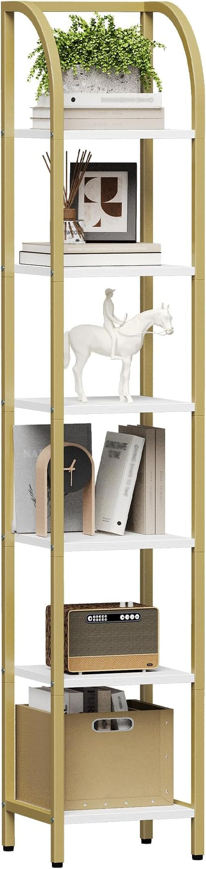 Bookshelf Bookcase Narrow Bookcase Shelf Organizer with Steel Frame for Study Living Room Bedroom Kitchen Home Office Industrial Bookshelf 6-Tier White Gold BC56013A