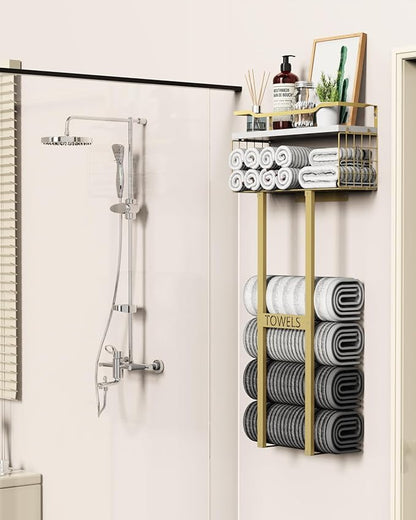 Towel Racks for Bathroom - Wall Mounted Metal Rack with Wood Plank, Bathroom Storage Organizer, Towel Holder Stores 6 Large Rolled Towels Easily, Gold and Size XL 31"