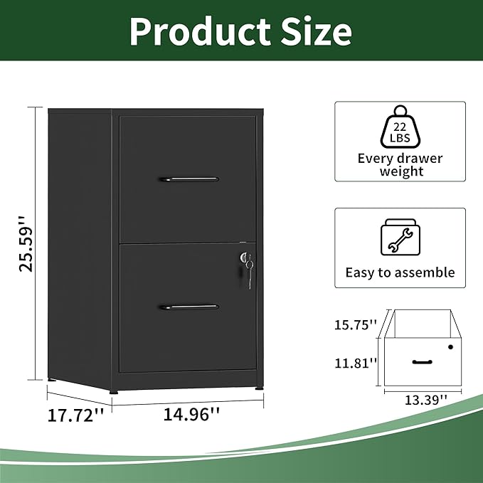 2 Drawer File Cabinet with Lock, Vertical Filing Cabinet for Home Office, Heavy Duty Storage Cabinet for Letter Size, Assembly Required(Black)