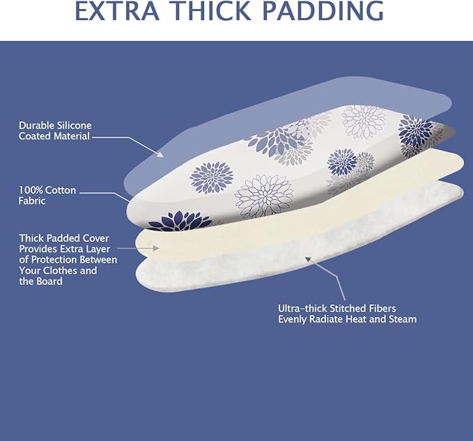 SheeChung Ironing Board Cover and Pad 15" x 49",Iron Board Cover with Elastic Edge & Adjustable Fastener,Cotton Covers Resist Scorching and Staining Extra Thick Padding,Silicone Coating,Dahlia