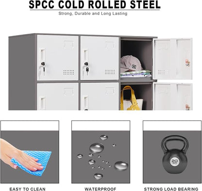 Student Locker Organizer, Multi-Door Steel Locker, Small Locking Cabinet Storage Organizer, Office File Cabinet, Home Locker, Gym Locker, Metal Storage Locker (9 Door, Grey & White)