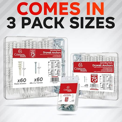 120Pcs #8 Self Drilling Drywall Anchors and Screws kit #8 x 1-1/4”- Superb Wall Anchors for Drywall, Holds Upto 75lbs – No Drill Hole Required with These Dry wall Screws and Anchors