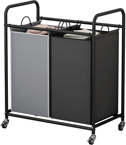 SUOERNUO Laundry Hamper Basket 2 Bag Laundry Sorter Cart with Rolling Lockable Wheels and Removable Bags Laundry Organizer Cart for Clothes Storage