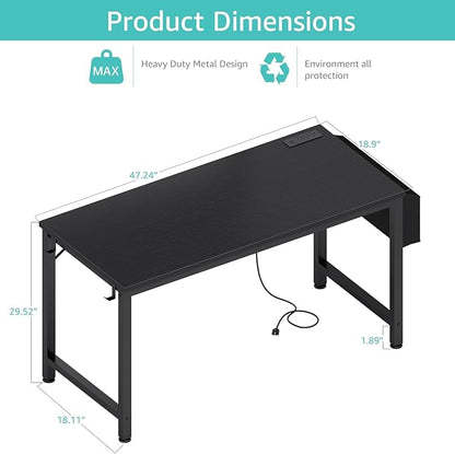 Lufeiya Gaming Desk with Power Outlet, 47 inch Teen Study Table Home Office Work Writing Computer Desks with Charging Station Outlets Built in, Black