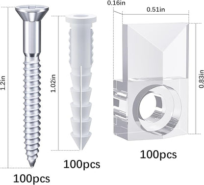 Mirror Holder Clips Kit,Crystal Clear Plastic Mirror Clip,Mirror Holder Clips Glass Retainer Clips Kit,Mirror Hanging kit with Screws and Fixed Mirror Box Door (Classic Style-100Sets)