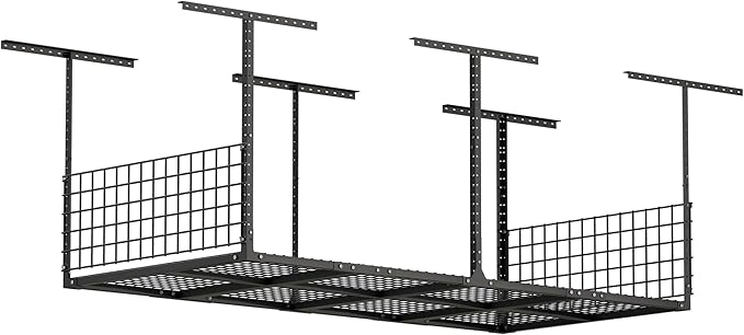 GIOTORENT Garage Ceiling Storage Racks, 96" W x 48" D x 22-42" H Overhead Garage Storage Rack, Heavy-Duty Carbon-Steel 700lbs Rating, Adjustable Mounted Rack System with Side Guards