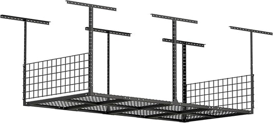 GIOTORENT Garage Ceiling Storage Racks, 96" W x 48" D x 22-42" H Overhead Garage Storage Rack, Heavy-Duty Carbon-Steel 700lbs Rating, Adjustable Mounted Rack System with Side Guards