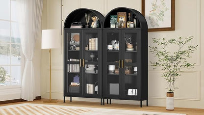 PioneerWorks 73" Arched Metal Storage Cabinet with Glass Door | 2 Adjustable Shelves | Arch-Top Storage Unit for Pantry, Living & Dining Rooms - Dark Black with Legs