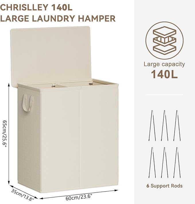 Chrislley 140L Laundry Hamper 2 Section, Double Laundry Basket with Lid, Large Dirty Clothes Hamper with Removable Liner Bags, Collapsible Laundry Organizer for Bedroom, Dorm,Beige
