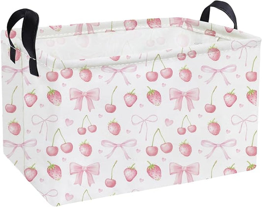 Essme Rectangular Kids Baskets,Girls Storage Basket Pink Bins with Handles for Strawberry Room Decor, Cherry Storage Bin（Strawberry）