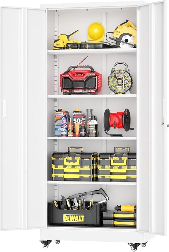 Greenvelly 73" Storage Cabinet with Wheels, Rolling Metal Cabinet with Locking Doors and Adjustable Shelves, Steel Tool Cabinet for Home Office, Garage, Warehouse, White(32" W x 16" D)