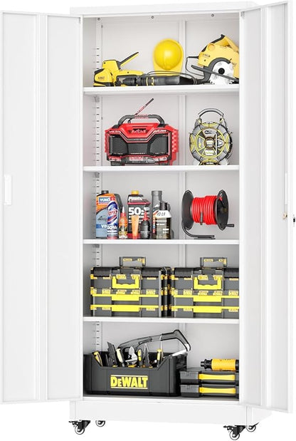 Greenvelly 73" Storage Cabinet with Wheels, Rolling Metal Cabinet with Locking Doors and Adjustable Shelves, Steel Tool Cabinet for Home Office, Garage, Warehouse, White(32" W x 16" D)