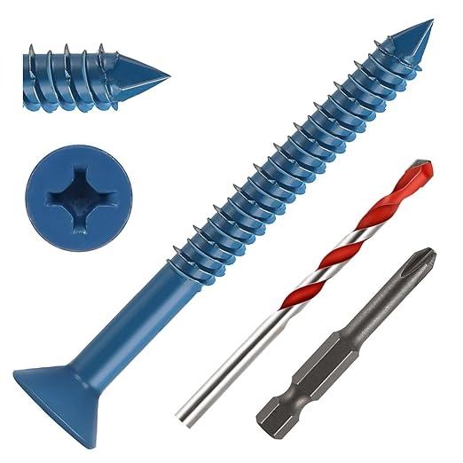 3/16" x 2-3/4" Concrete Screws, 50 PCS Blue Flat Head Concrete Screws Anchor Kit for Masonry, Cement, Block, Brick or Stucco