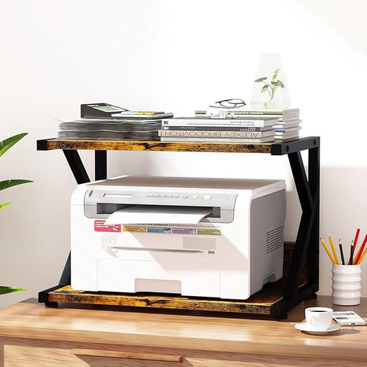 aboxoo Desktop Printer Stand with 2 Tier Wood Storage Shelves,Under Desk Printer Table,Multi-Purpose Home Office Desk Organizer for Fax Machine, Scanner (Rustic Brown)