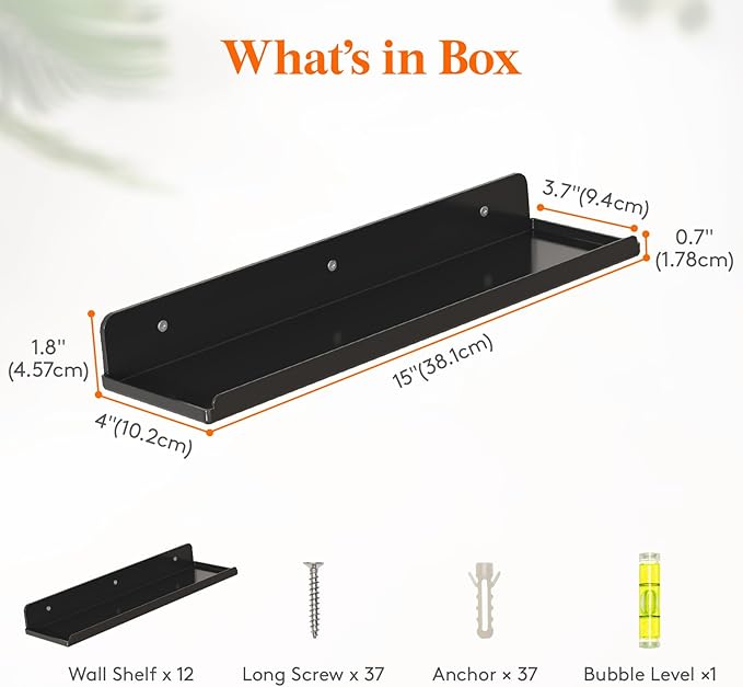 Lifewit Floating Shelves for Bathroom, 15" Clear Wall Organizer for Makeup, Perfume, Figures, Photo, Decor Shelf for Nursery, Living Room, Bedroom, Kitchen, Over Toilet Storage Rack, Black, 12 Pack