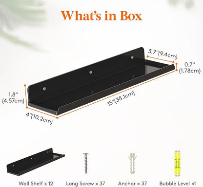 Lifewit Floating Shelves for Bathroom, 15" Clear Wall Organizer for Makeup, Perfume, Figures, Photo, Decor Shelf for Nursery, Living Room, Bedroom, Kitchen, Over Toilet Storage Rack, Black, 12 Pack