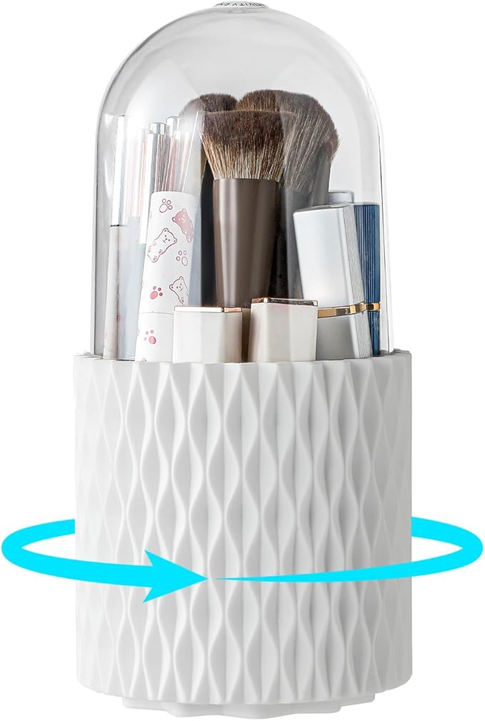 Makeup Brush Holder Organizer - 360° Rotating Makeup Brush Organizer 5 Slot Make up Brushes Cup for Cosmetics, Lipsticks, Art Supply, Bathroom Vanity Desktop Storage, White with Cover