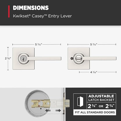 Kwikset Casey Entry Door Handle with Lock and Key, Secure Keyed Reversible Lever Exterior, For Front Entrance and Bedrooms, Satin Nickel , Pick Resistant Smartkey Rekey Security and Microban