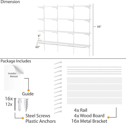 Wallniture Turin 60 inch x 8 in Wall Shelf for Home Storage and Decor, Floating Bookshelf for Living Room, Ladder Shelves with Adjustable Standard Rail Bracket System for Closet, Laundry, Kitchen