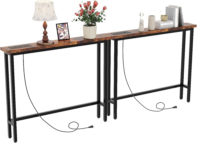 VINGLI 79" Console Table with Charging Station, 5.9" Narrow Sofa Table Set of 2, Entryway Table with Power Outlet & 4.9 Ft Extension Cord & Adjustable Feet, for Living Room, Hallway, Rustic Brown