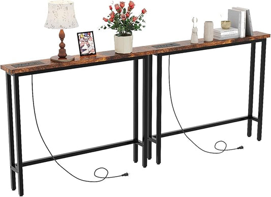 VINGLI 79" Console Table with Charging Station, 5.9" Narrow Sofa Table Set of 2, Entryway Table with Power Outlet & 4.9 Ft Extension Cord & Adjustable Feet, for Living Room, Hallway, Rustic Brown