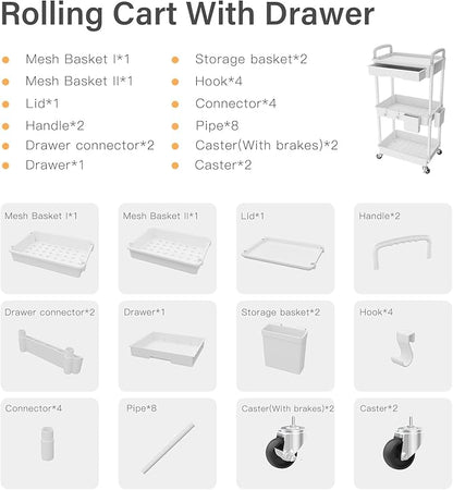 3 Tier Rolling Utility Cart with Drawer,REBECAT Utility Cart Made of Multifunctional Storage Organizer Tool for Kitchen,Bathroom,Living Room,Office(White)