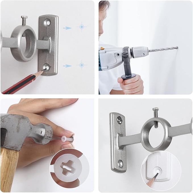Goowin Double Curtain Rod Holder, 3pcs Brackets Hooks for Living Room, Bedroom Drapery Rods (Silver)
