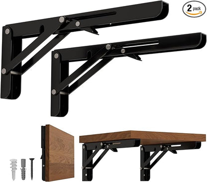 LEOPO 20 inch Folding Shelf Brackets-2 Pack Foldable Heavy Duty Triangle Collapsible Wall Mounted Brackets for Fold Down Table, Space Saving for Bench Table with Screws, Black