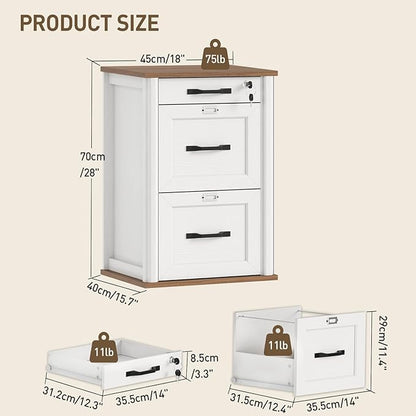3 Drawer File Cabinet with Lock, Wooden Farmhouse Filing Cabinet with Storage Fits Letter and A4 Size, Vertical Printer Stand for Home Office, Walnut and White