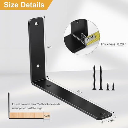 8 Pack - L 8" x H 6" x W1.5, 5mm Thick Black L Shelf Bracket, Iron Shelf Brackets, Metal Shelf Bracket, Industrial Shelf Bracket, Floating Shelf Bracket, Shelf Supports with Screws