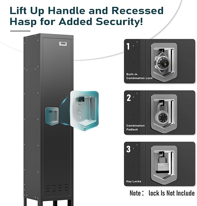 Metal Storage Locker with Lock & Card Slot Locker - Secure Lockable Door - Steel Locker for School, Office, Gym, Home - 66.15" H x 11.8" W x 11.8" D（1 Door, Black）