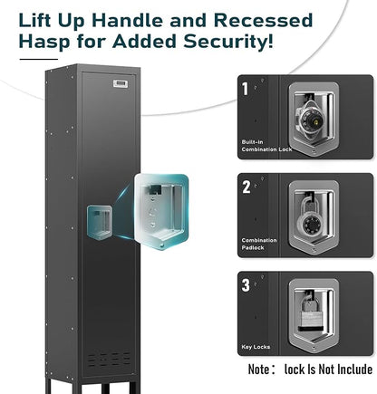 Metal Storage Locker with Lock & Card Slot Locker - Secure Lockable Door - Steel Locker for School, Office, Gym, Home - 66.15" H x 11.8" W x 11.8" D（1 Door, Black）