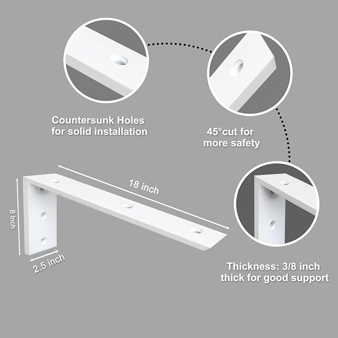 Countertop Support Bracket 3 Pack 18 Inch Heavy Duty 3/8" Thick White Granite Shelf L Bracket 18"x8"x2.5" Mantel Corbels for Quartz/Wood/Concrete/Laminate