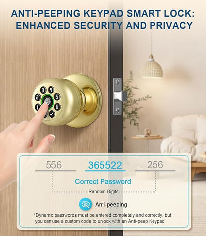 Fingerprint Door Lock, Smart Fingerprint Door Knob with Keypad, Biometric Door Lock with App Control, Auto Lock Door Lock with Code, Keyless Door Knob with Lock for Bedroom, Home,Office-Brass