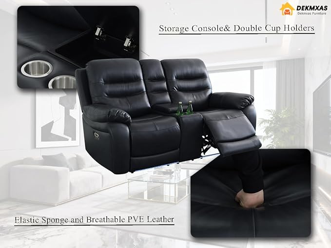 Power Reclining Sofa, Living Room Funiture Sets, Black PVC Breathing Leather Power Recliner Sofa Set with 5 Recliner Seats/Storage Console/Cup Holders/LED Light/USB Port for Living Room,Office