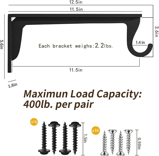 Closet Rod Support Bracket 12inch WYGWP Heavy Duty Closet Rod Holders 400lbs, Wall Mounted Brackets with Hooks for Closets for Home and Decor
