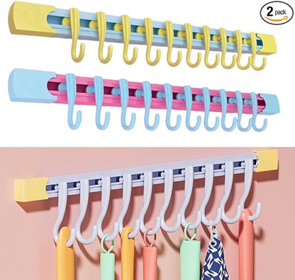 Utility Slide Rail Hook,Under Cabinet Kitchen No Punching Hooks for Hanging Utensil,Bathroom Bedroom Office Wall Door Rack with 10 Hooks,2Pieces