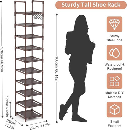 Tall Shoe Rack 10-Tier Narrow Shoe Shelf Storage for 10-15 Pairs Shoe and Boot, Sturdy Shoe Storage Space Saving Corner Shoe Rack Organizer for Closet, Entryway, Living Room, Brown