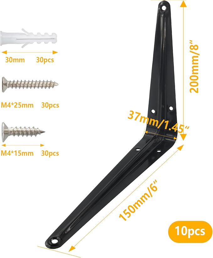 Lilaly 10 Pack Shelf Brackets 8 Inch Shelf Bracket, Heavy Duty L Brackets for Shelves for Hanging Floating Shelves Brack with Screws and Wall Anchors(6"x8",Black)