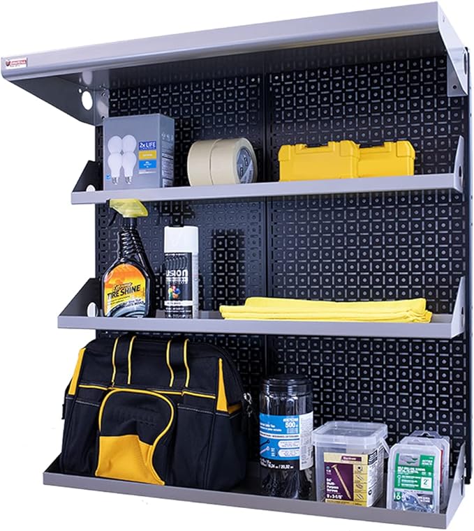 Metal Pegboard Shelving Organization System OmniWall Shelving Kit 32" x 32" Modular Pegboard- Panel Color: Black Accessory Color: Silver