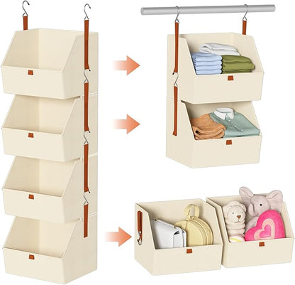 Hanging Closet Organizer 4 Tier, Clothes Hanging Shelves with Foldable Storage Baskets, Space-Saving Closet System for Bedroom, Home, Dorm, RV, Hat, Bags, Shoes