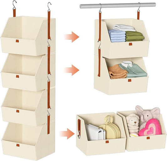 Hanging Closet Organizer 4 Tier, Clothes Hanging Shelves with Foldable Storage Baskets, Space-Saving Closet System for Bedroom, Home, Dorm, RV, Hat, Bags, Shoes